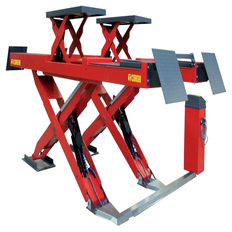 Cầu nâng cắt kéo kiểm tra góc đặt bánh xe 4,3 Tấn, Lắp chìm, có bàn nâng phụ, 3 pha, màu đỏ (bao gồm đĩa lái Italy và bộ phụ kiện)