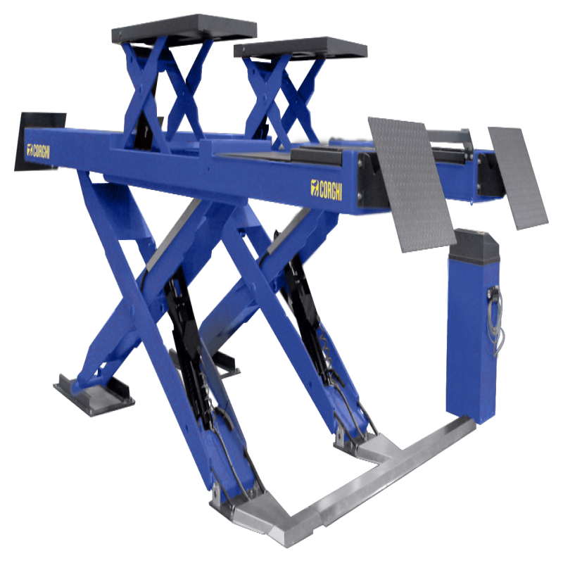 Cầu nâng cắt kéo kiểm tra góc đặt bánh xe 4,3 Tấn, lắp chìm, có bàn nâng phụ, 3 pha, màu xanh (bao gồm đĩa lái Italy và bộ phụ kiện)