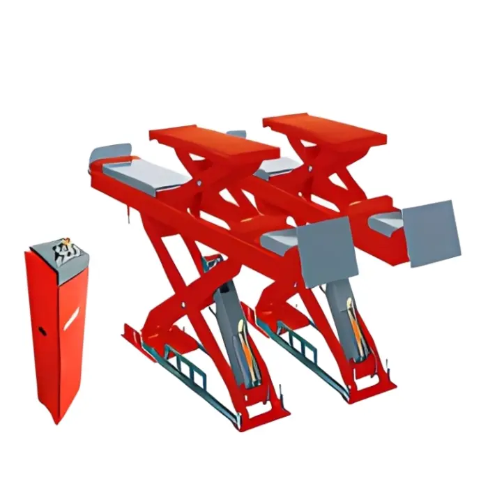 Cầu nâng cắt kéo kiểm tra góc đặt bánh xe 4.5 tấn, dài 5m, lắp chìm, độ sâu móng 330mm, có bàn nâng phụ (3 pha , màu đỏ, bao gồm đĩa lái).